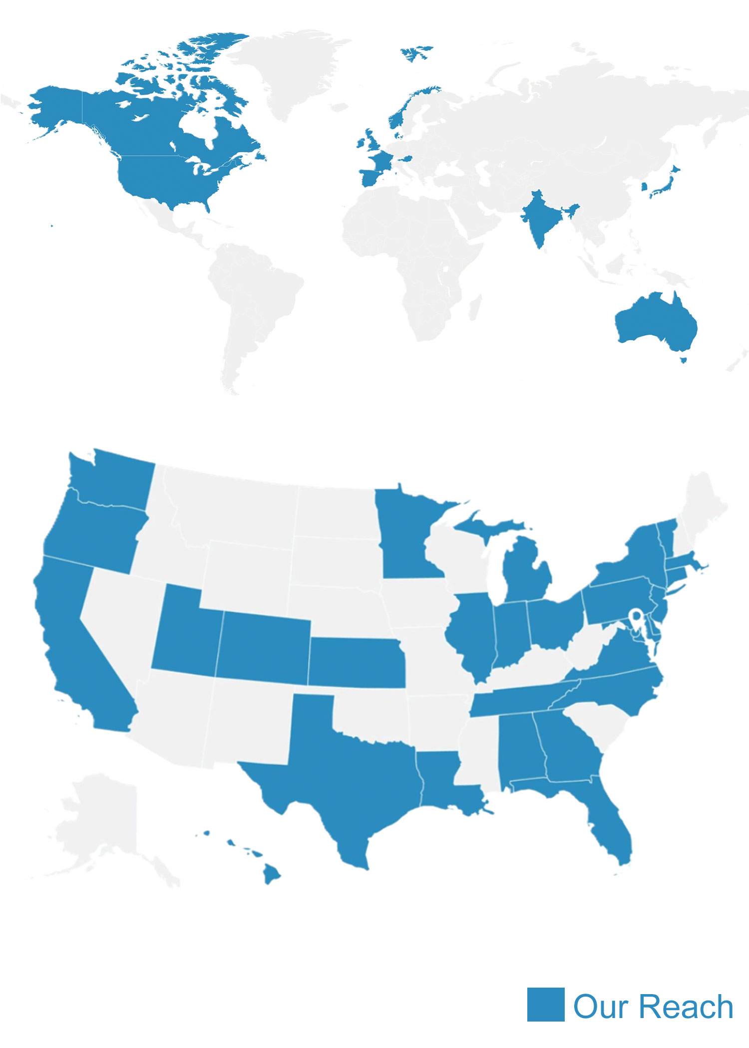 Maps showing The Conafay Group's client base across the United States and internationally
